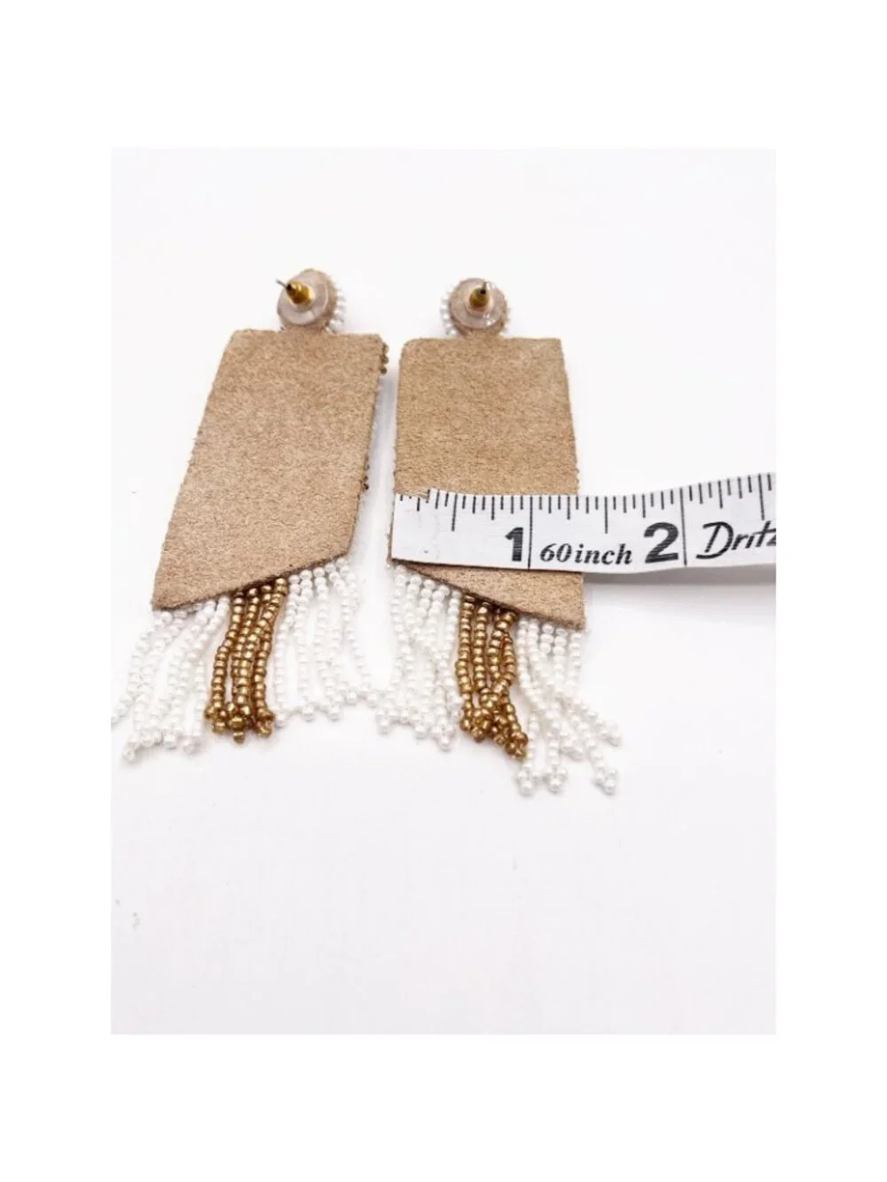 Boho White Gold Seed Bead Fringe Dangle Earrings Western Statement Festival